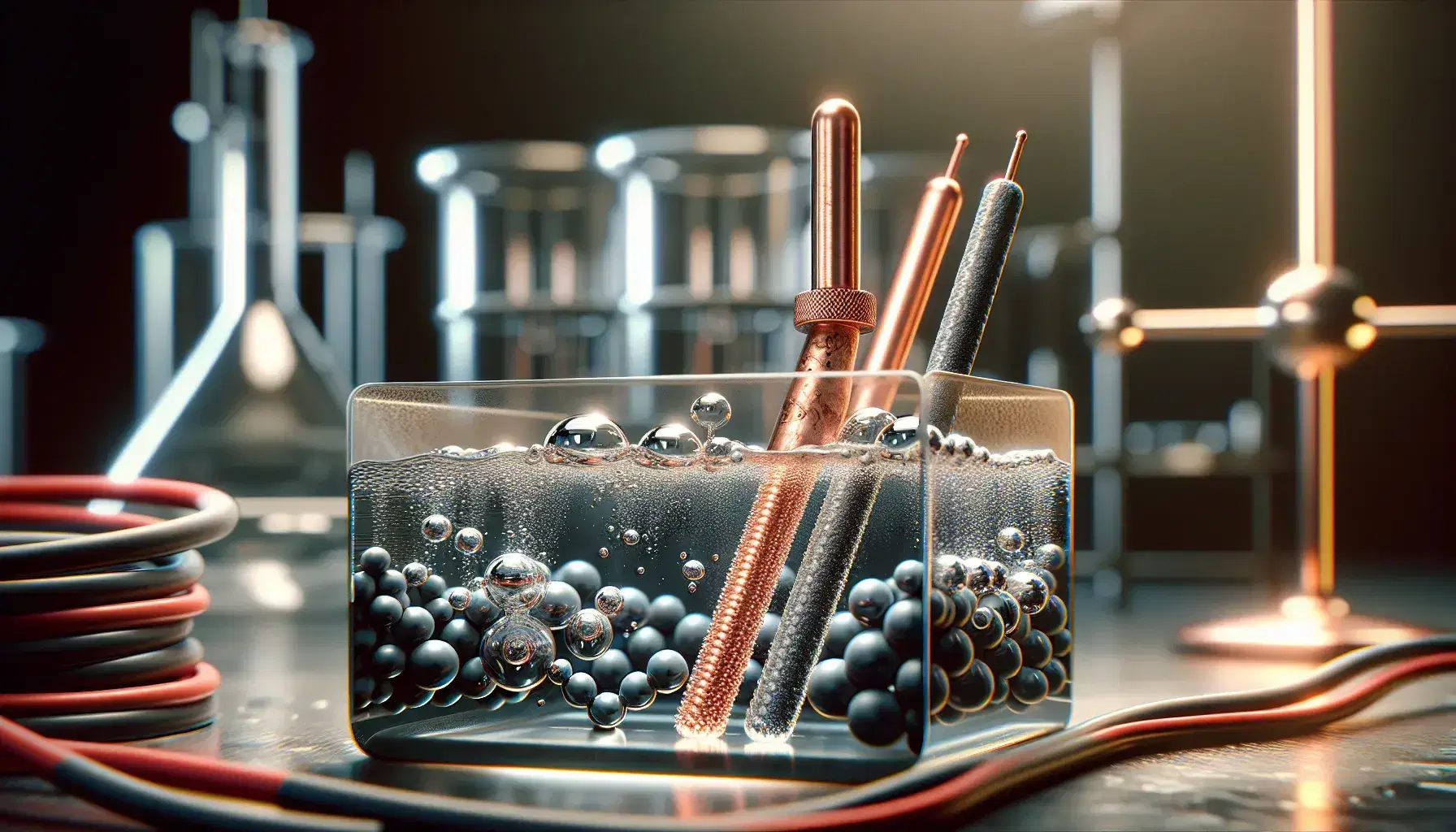 Electrolysis apparatus in laboratory with glass container and colorless solution, copper and graphite electrodes connected to current, visible gas bubbles.