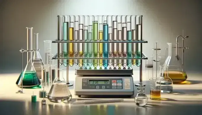Tubos de ensayo de vidrio con líquidos de colores variados en soporte metálico, balanza analítica y matraz Erlenmeyer con líquido incoloro y agitador magnético.