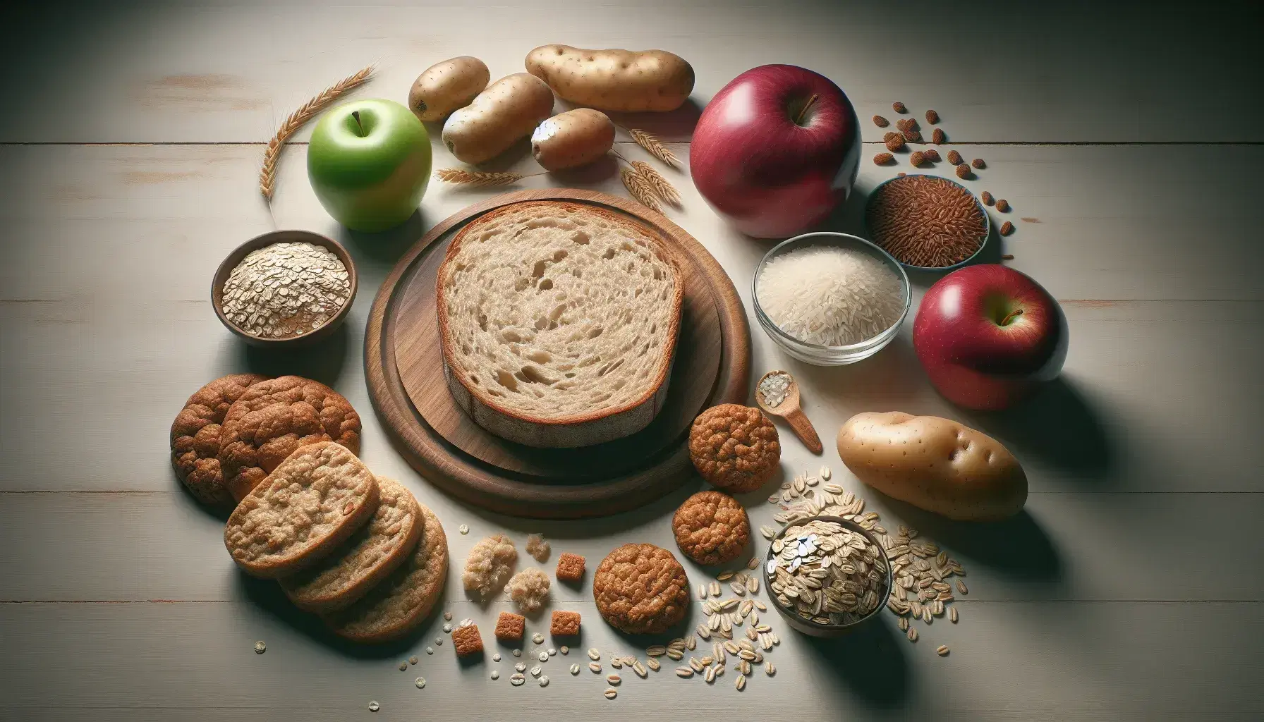 Variedad de alimentos saludables sobre superficie de madera clara, incluyendo pan integral, avena, manzana roja, arroz blanco, patata y galletas de avena con uvas verdes al fondo.