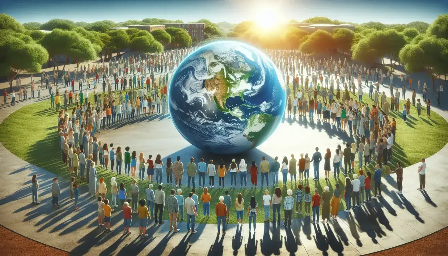 Grupo diverso de personas unidas en círculo alrededor de un globo terráqueo en un parque, simbolizando cuidado y unidad global bajo un cielo despejado.