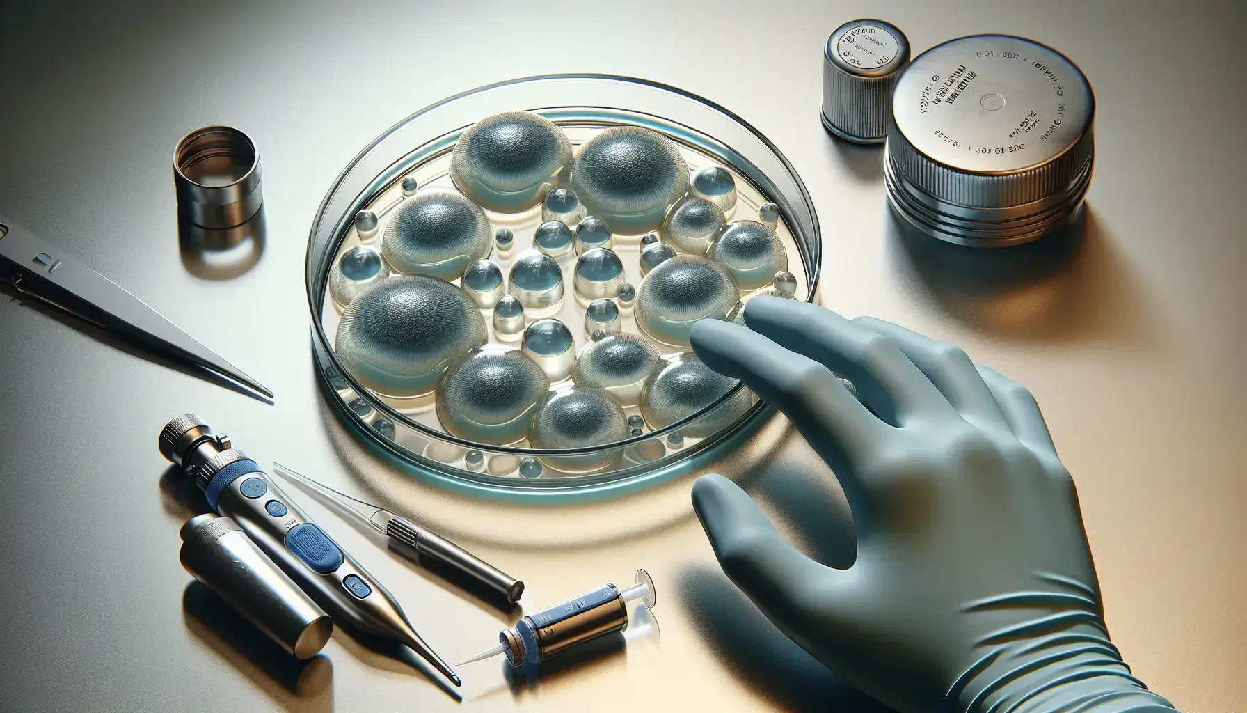 Close-up of a petri dish with agar and clear plaques, a pipette with detached tip, and gloved hands on a lab bench, with a centrifuge in the background.
