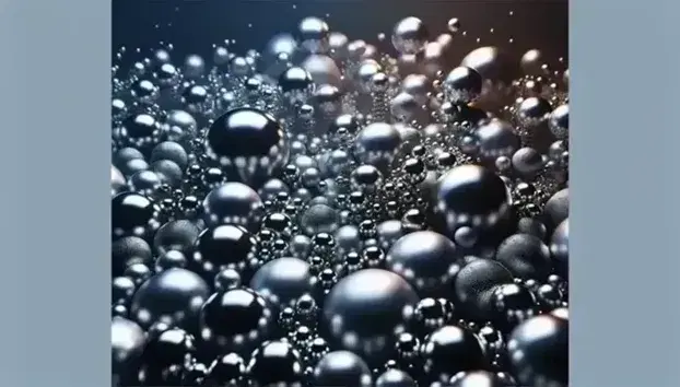 Esferas metálicas de distintos tamaños flotando en un fondo degradado de azul oscuro a negro, con reflejos de luz y sombras suaves.
