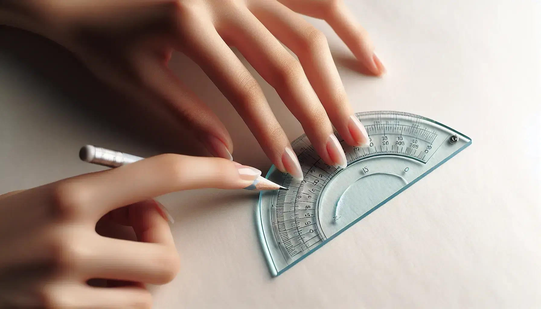 Close-up view of a light-skinned hand holding a blue-tinted acrylic protractor over textured white paper, with a silver mechanical pencil in the background.