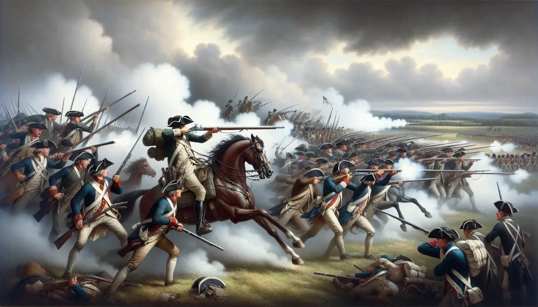 American Revolutionary War battle scene with Continental Army soldiers firing muskets amid smoke and knight with raised sword.