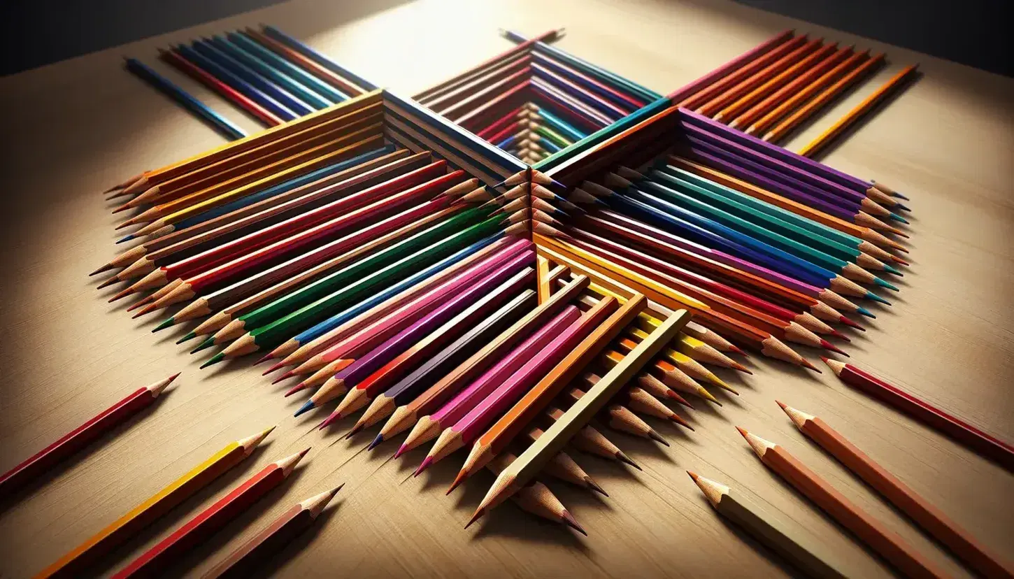 Matite colorate disposte su superficie in legno chiaro formano angoli acuti e ottusi, con vivaci tonalità che risaltano nell'illuminazione naturale.
