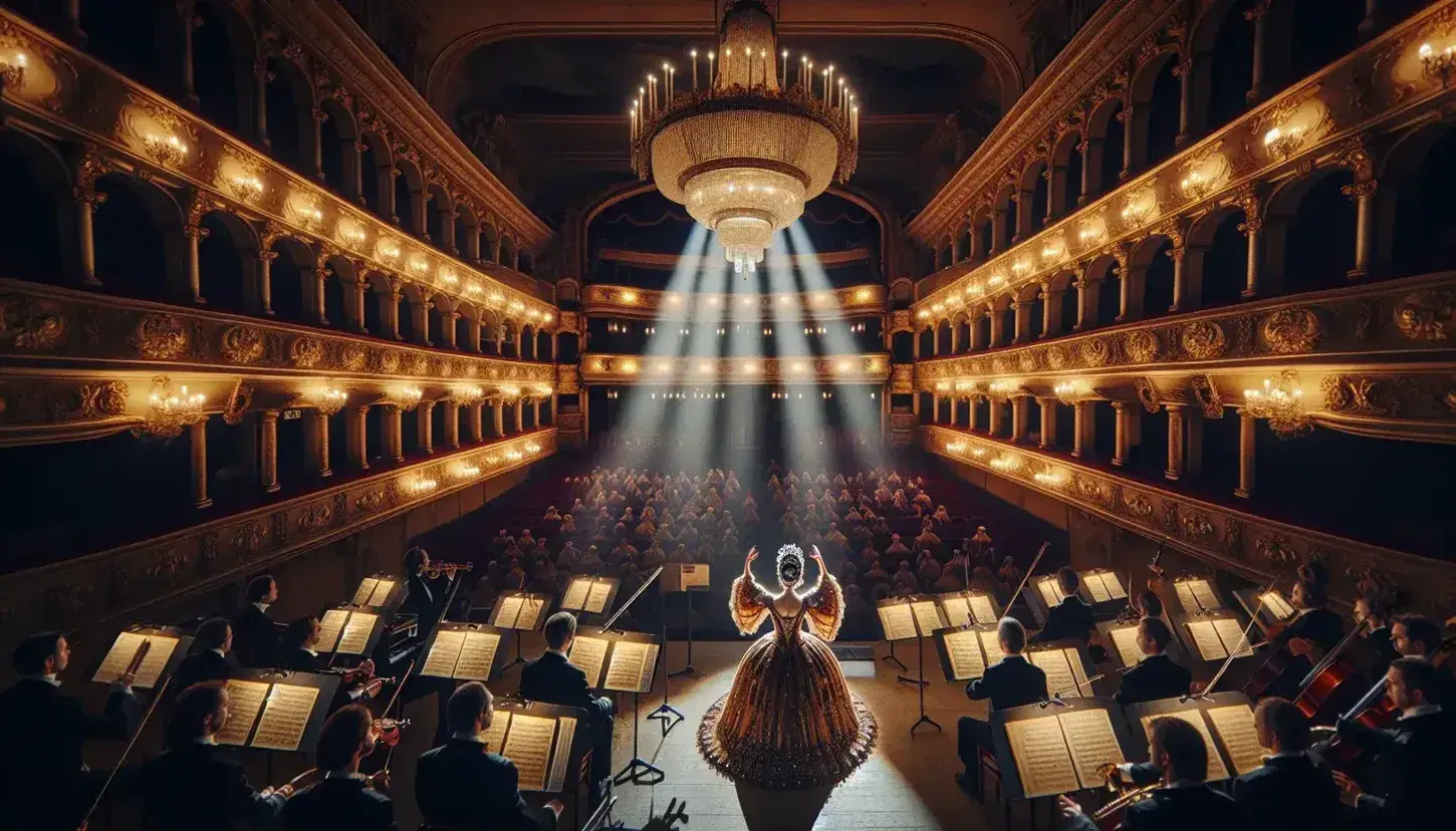 Cantante lirica in costume d'epoca su palco illuminato, con orchestra in primo piano e sedili in velluto rosso in teatro d'opera storico.