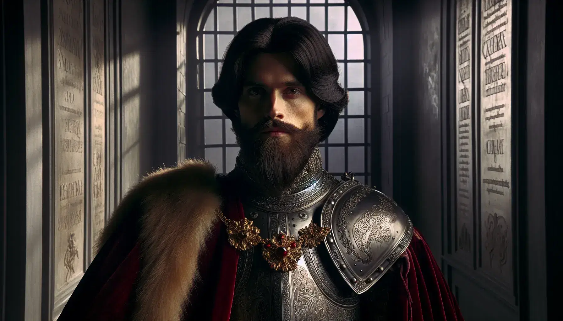 Ritratto di nobile del XVI secolo con barba nera, armatura incisa e mantello rosso velluto, in posa austera su sfondo di castello.