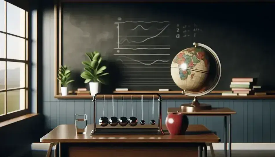 Classroom with a blank chalkboard, teacher's desk with an apple, water glass, and Newton's cradle, student desks, globe, and potted plant.