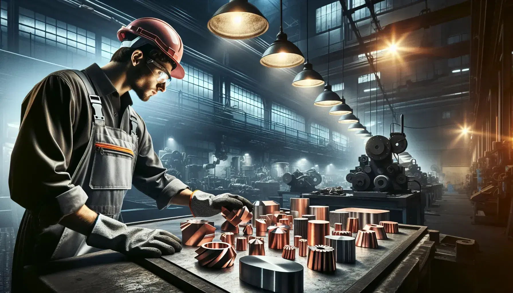 Operaio in tenuta protettiva ispeziona pezzo di metallo lavorato in officina industriale con macchinari sullo sfondo.