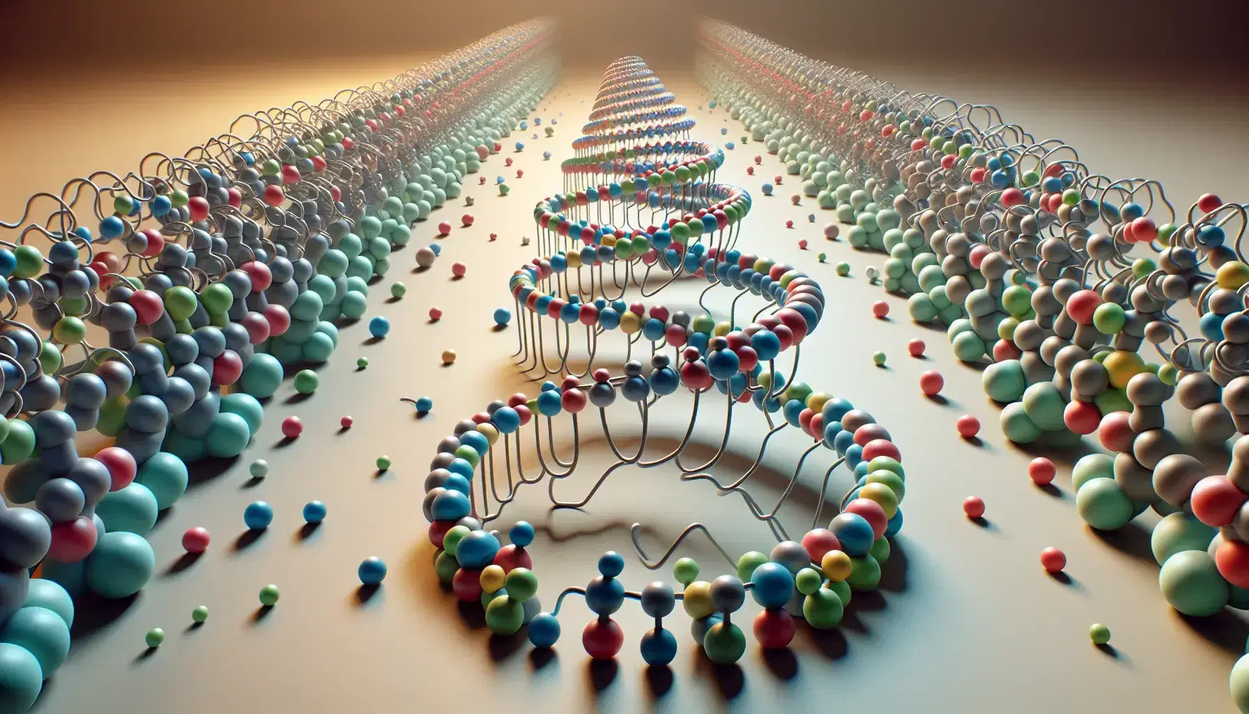 Modelos moleculares 3D que muestran la estructura primaria de una proteína en forma de cadena, una alfa-hélice en espiral y una conformación terciaria plegada, con esferas de colores que representan aminoácidos.