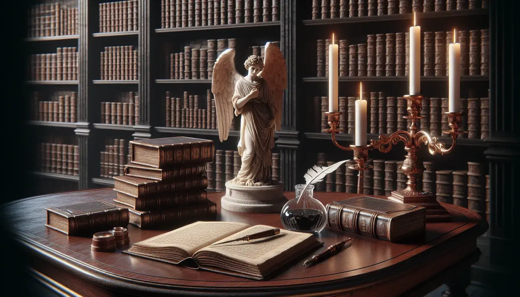 Biblioteca antica con tavolo ovale in mogano, libro aperto senza testo, calamaio con penna, statua di angelo pensoso e candelabro in bronzo.
