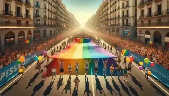 Pride parade in Spain with diverse crowd carrying large rainbow flag, surrounded by traditional European buildings under a clear blue sky.