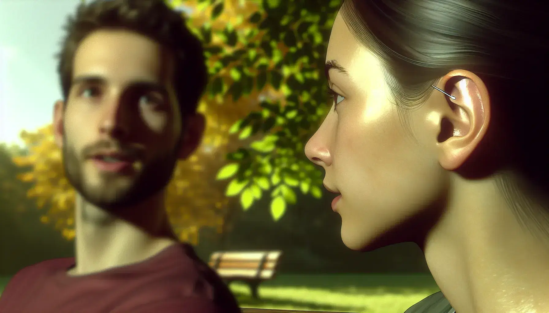 Two individuals engaged in a conversation outdoors, one listening intently with a head tilt, against a serene, green blurred background.