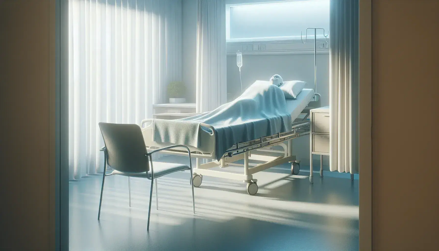 Cama de hospital con sábanas blancas y manta azul claro, figura humana recostada, mesita de noche beige y silla metálica con cojín gris, cortinas blancas semiabiertas dejando entrar luz natural.