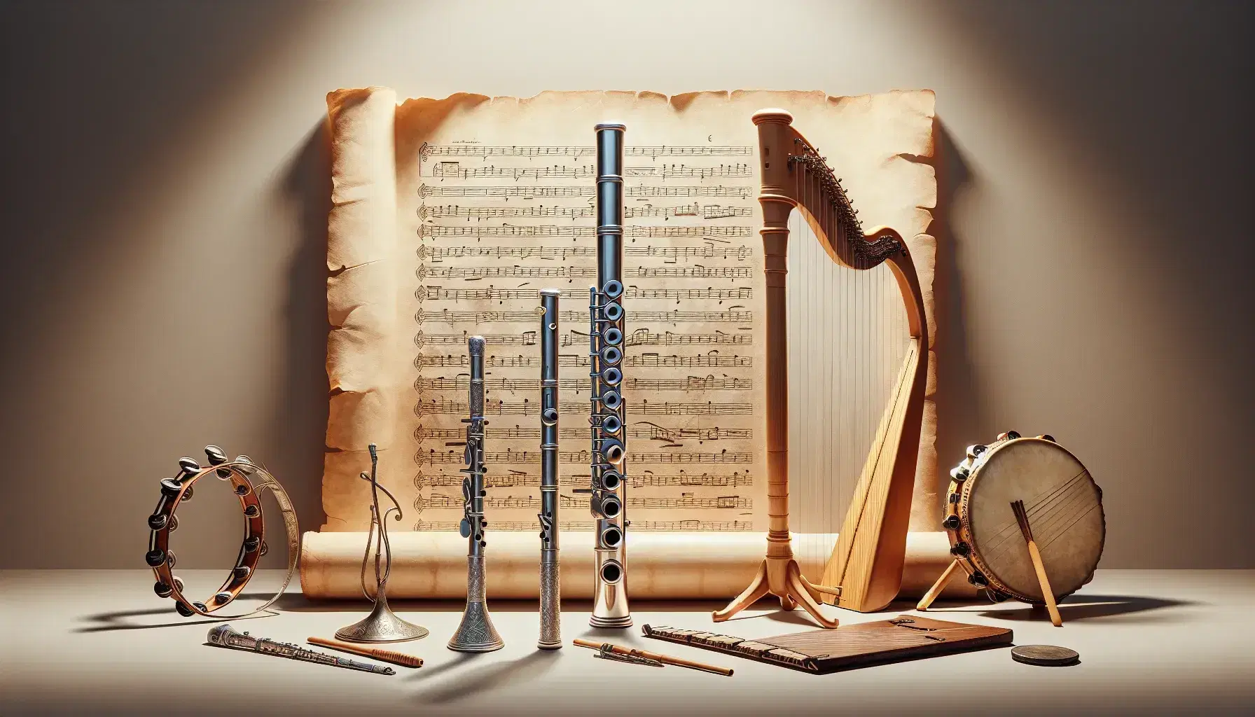 Strumenti musicali con flauto traverso in argento, arpa in legno, tamburello e chitarra classica su pergamena antica.