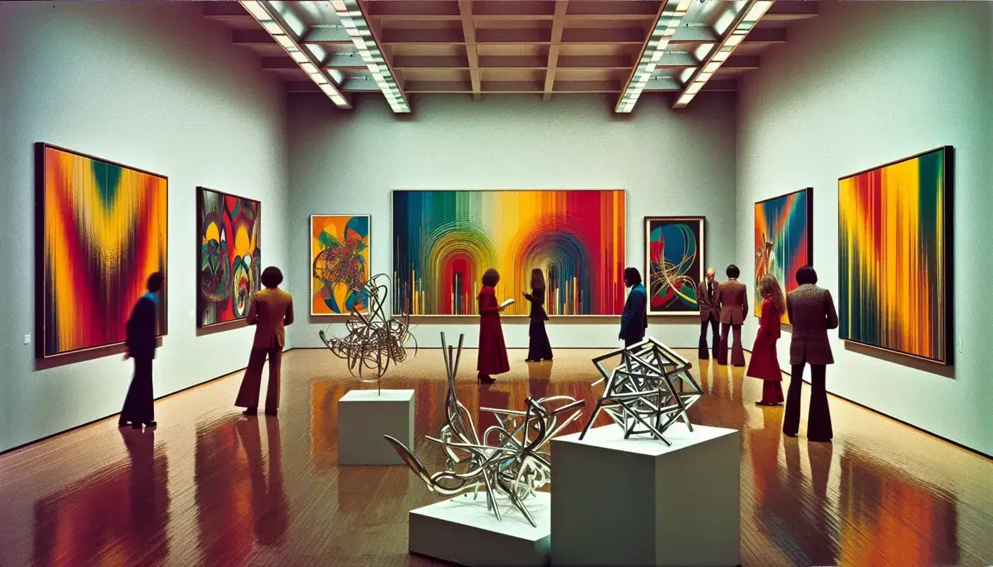 Galleria d'arte contemporanea a New York anni '70/'80 con visitatori tra installazioni colorate e sculture moderne.