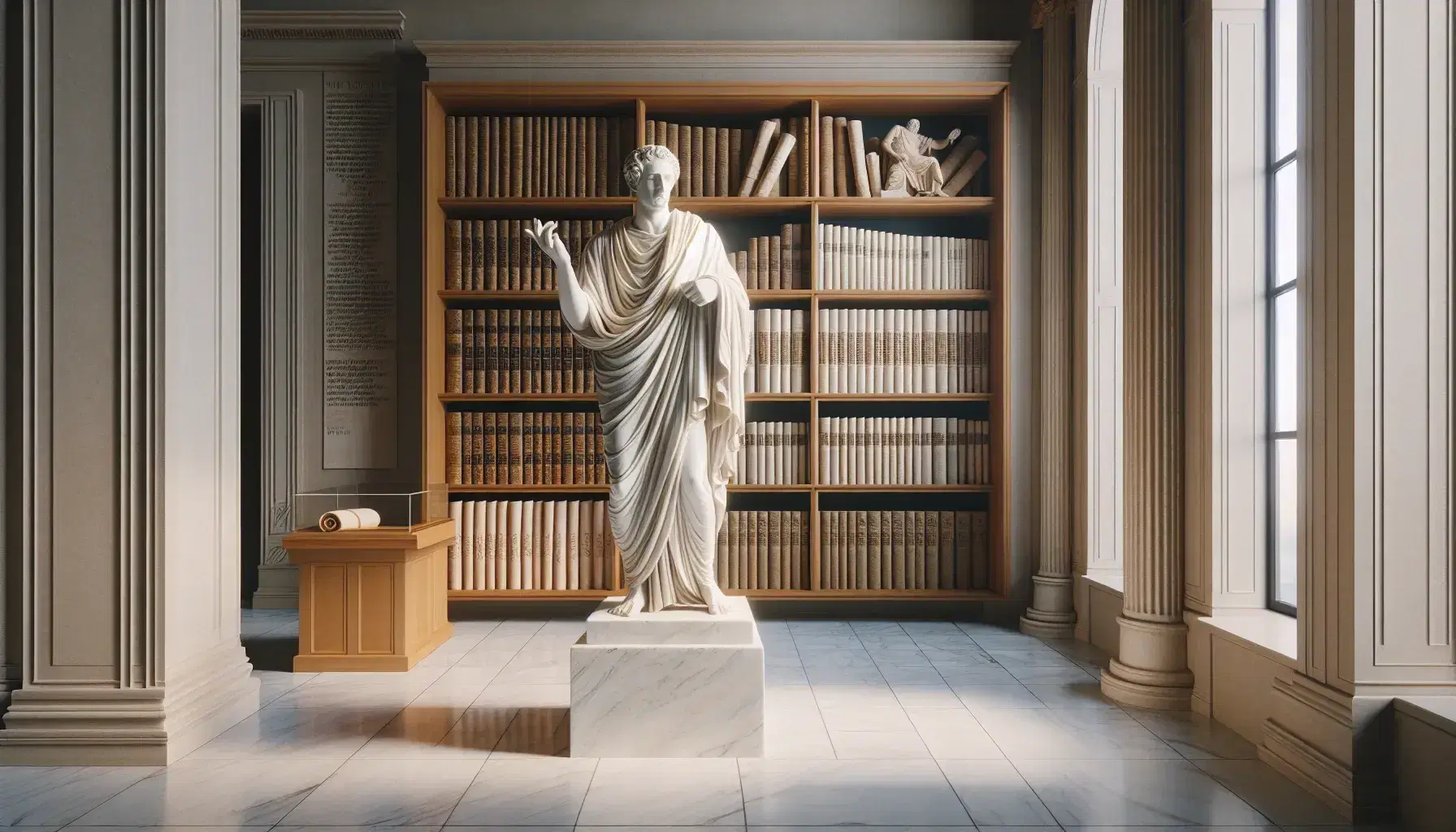 Estatua de mármol blanco de autor clásico en biblioteca antigua, con túnica tallada y mano extendida, rodeada de pergaminos y libros bajo luz natural.