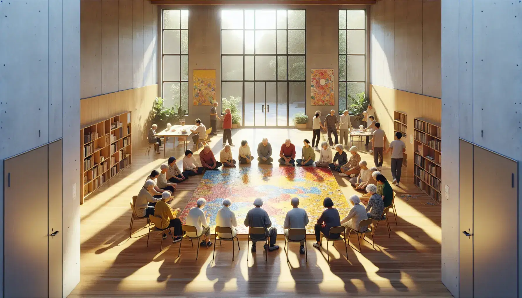 Diverse group collaboratively assembling a large puzzle in a sunlit community center with bookshelves and plants in the background.