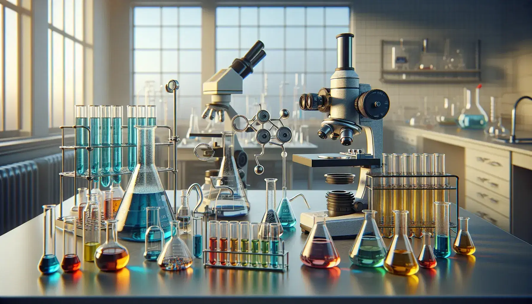 Laboratorio de química con tubos de ensayo de colores, mechero Bunsen, microscopio óptico y balanza analítica.