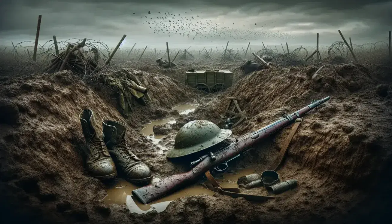 Campo di battaglia della Prima Guerra Mondiale con crateri, elmetto militare, fucile a otturatore e stivali in primo piano, filo spinato e cielo nuvoloso sullo sfondo.