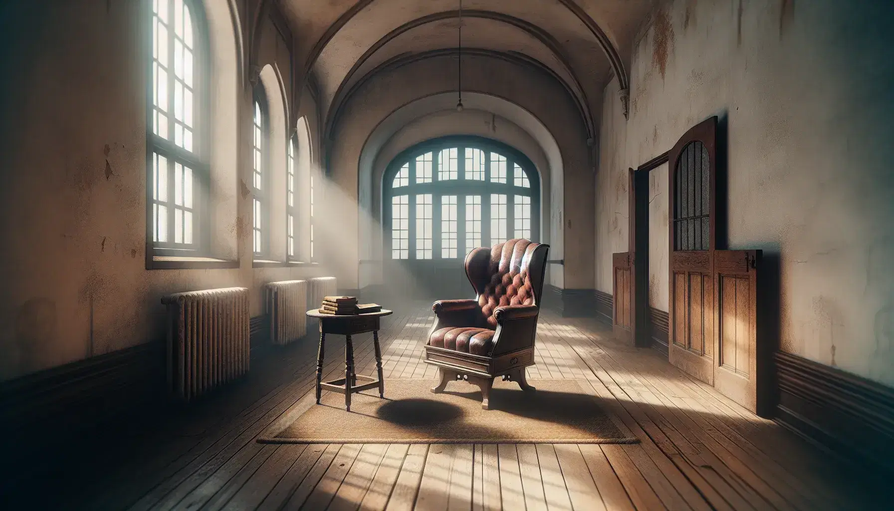 Quiet room of an old mental asylum with high ceilings and arched windows, antique red velvet psychiatrist's chair, coffee table with leather books.