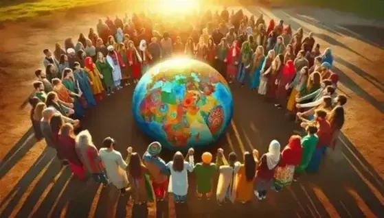 Cerchio di persone multietniche in abiti tradizionali che sostengono un globo colorato, simbolo di unità e rispetto culturale.