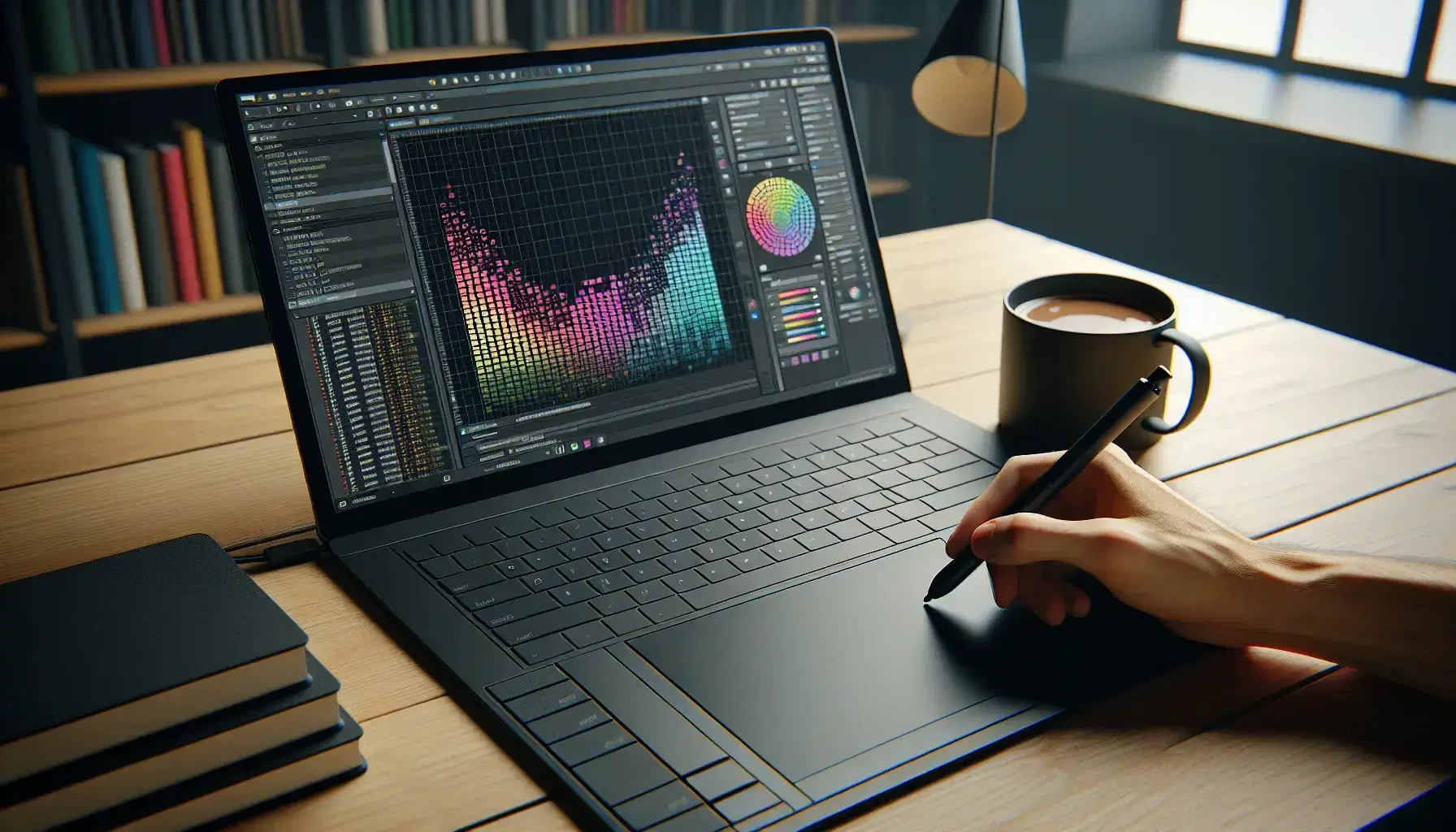 Mano sosteniendo un lápiz óptico sobre tableta gráfica conectada a portátil con bloques de color en pantalla, junto a taza de café en mesa de madera.