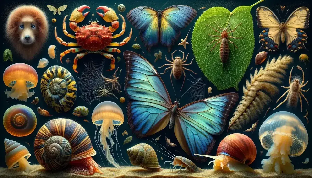 Mariposa con alas azules y amarillas, cangrejo rojizo en arena, araña en su tela, caracol en hoja verde y medusas translúcidas bajo el agua.