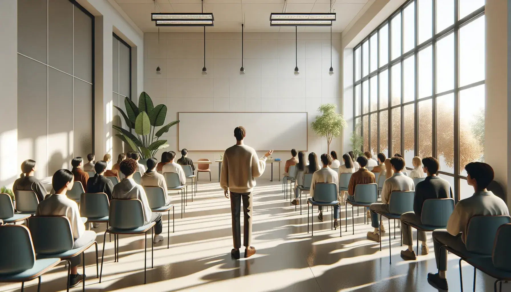 Aula amplia y luminosa con ventanas, persona de pie explicando frente a público sentado, pizarra blanca al fondo y planta decorativa a un lado.