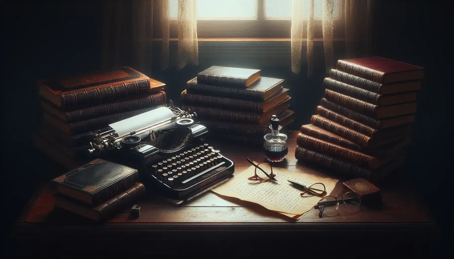 Scrivania in legno scuro con macchina da scrivere vintage, occhiali tartarugati, libri rilegati e calamaio di vetro sotto luce soffusa.