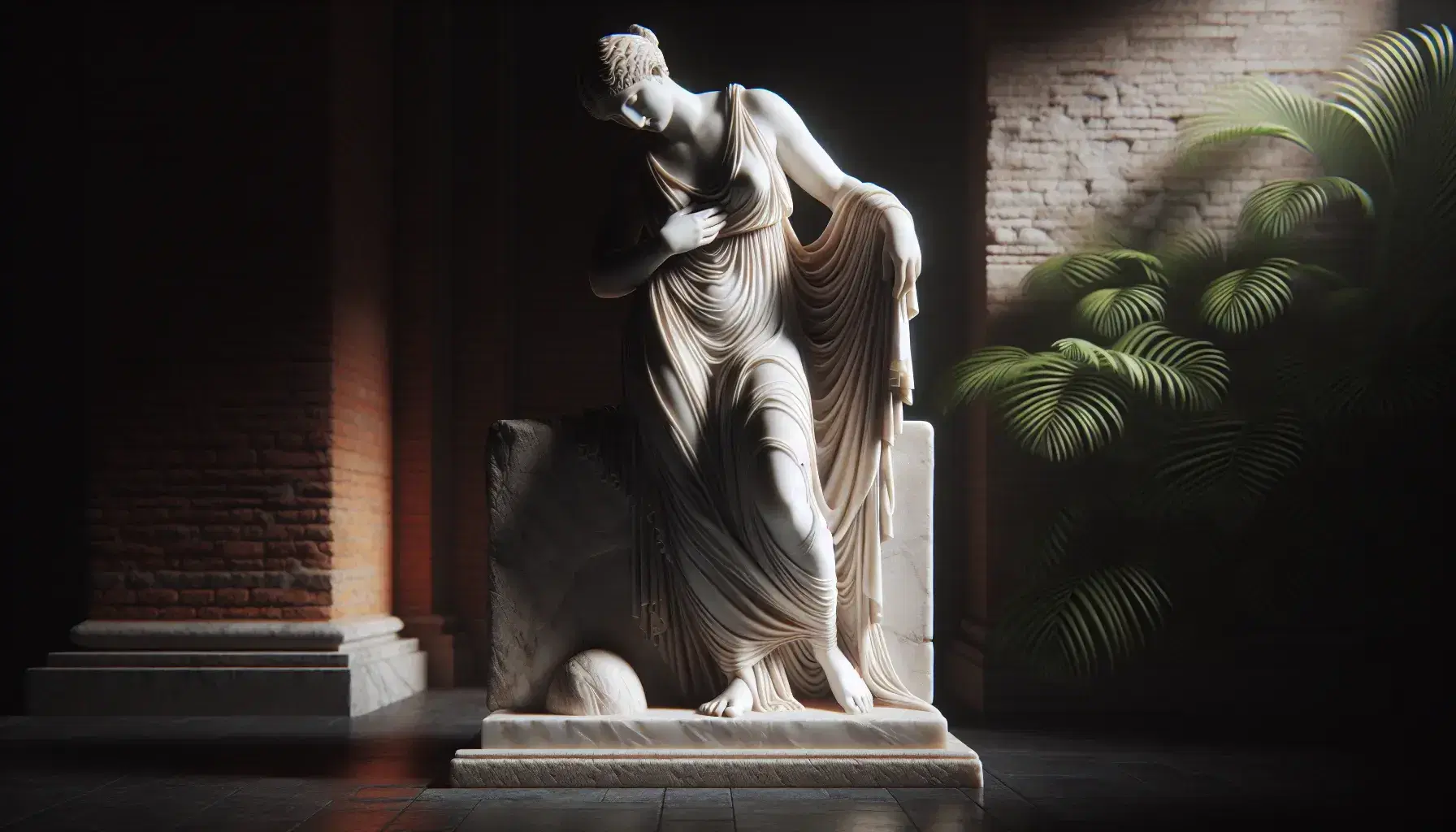 Statua in marmo bianco di donna romana con abito drappeggiato, mano al petto, su piedistallo grigio, sfondo muratura rossa e piante verdi.