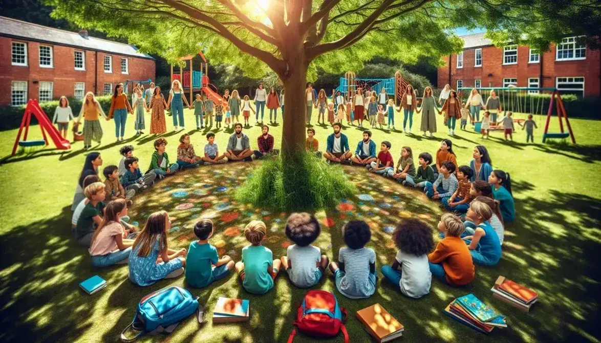 Grupo diverso de niños y adultos en círculo al aire libre en un parque, con un árbol frondoso al centro, mochilas coloridas y una estructura de juegos al fondo en un día soleado.
