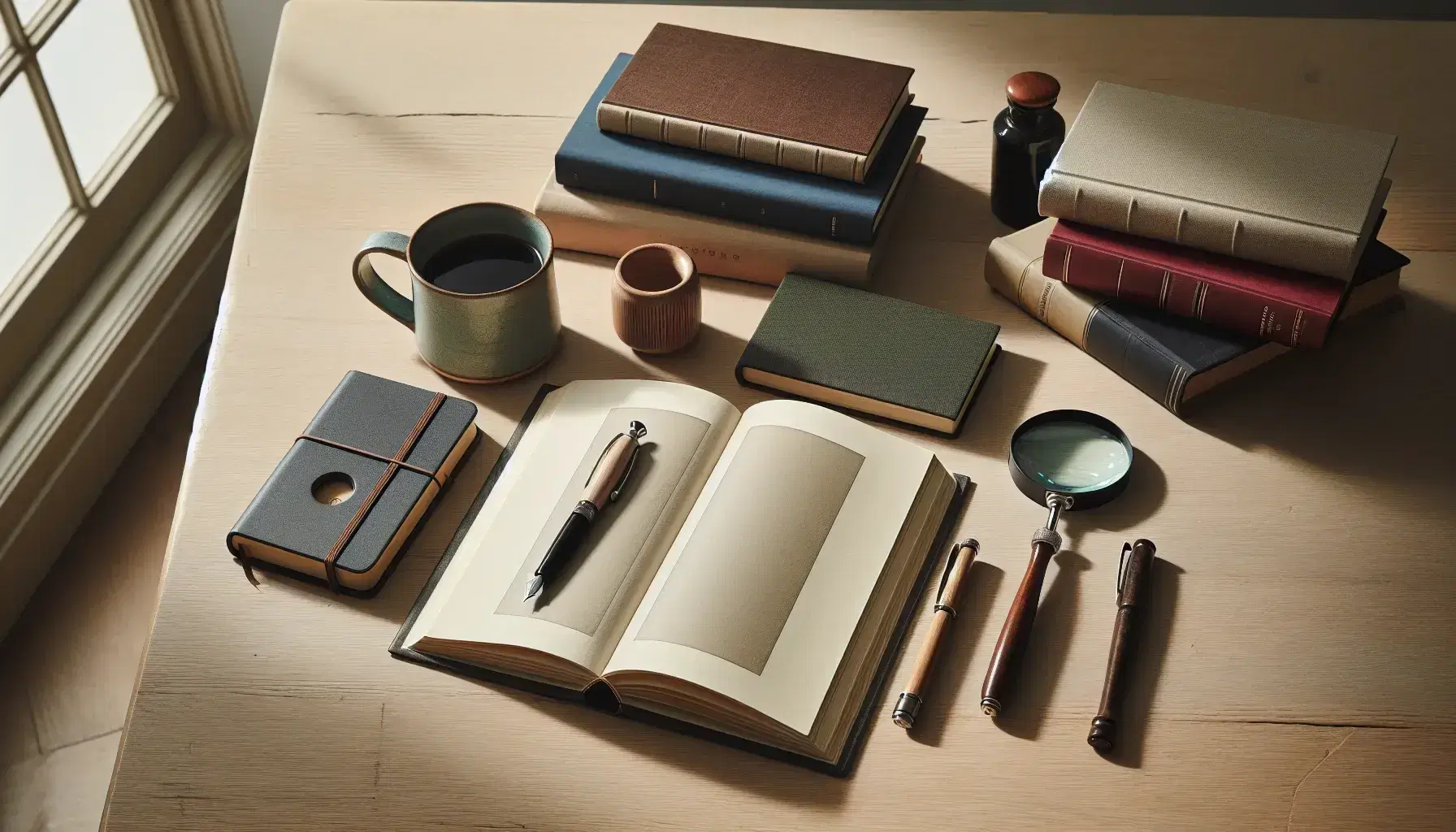 Mesa de madera clara con libro abierto, taza de café azul pastel, pluma fuente negra, cuaderno verde y lupa, junto a pila de libros y ventana con cortinas.
