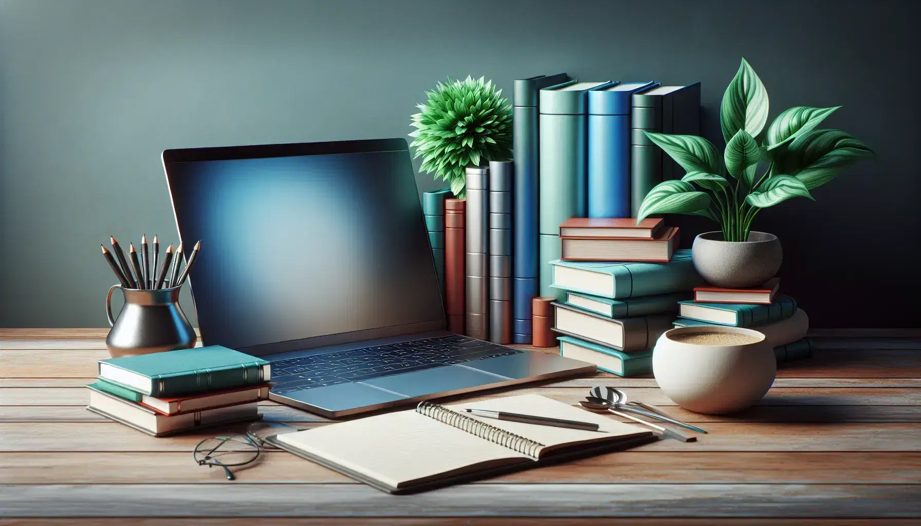 Wooden desk with modern laptop, stacked colorful books, cup of steaming coffee, green plant and notepad with pen.
