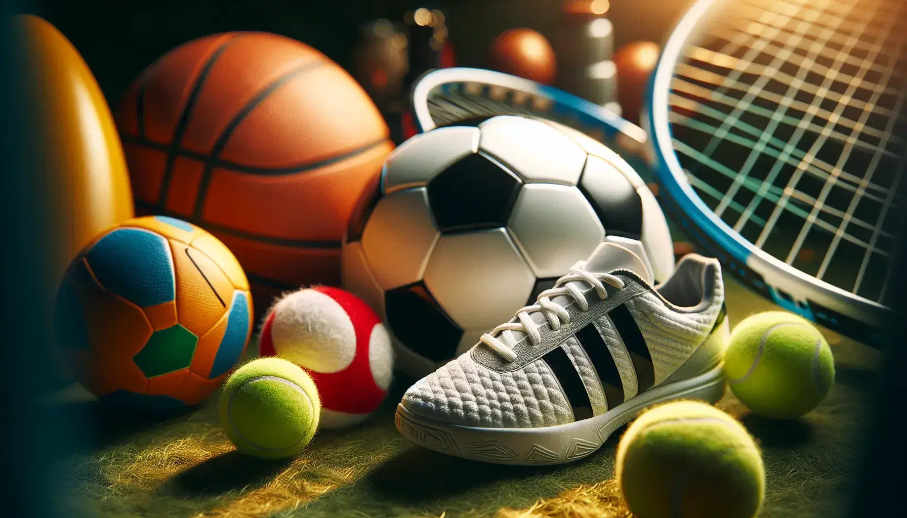 Close-up view of assorted sports equipment on grass, featuring a soccer ball, tennis ball, running shoes, basketball, and rugby ball.