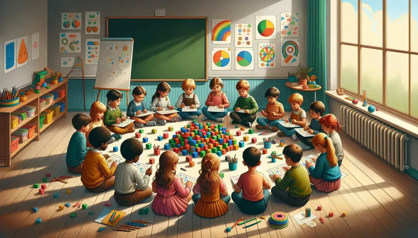 Niños de diversas edades y etnias sentados en semicírculo en un aula, participando en una actividad educativa con cubos de colores, papeles y lápices de colores bajo una luz natural.