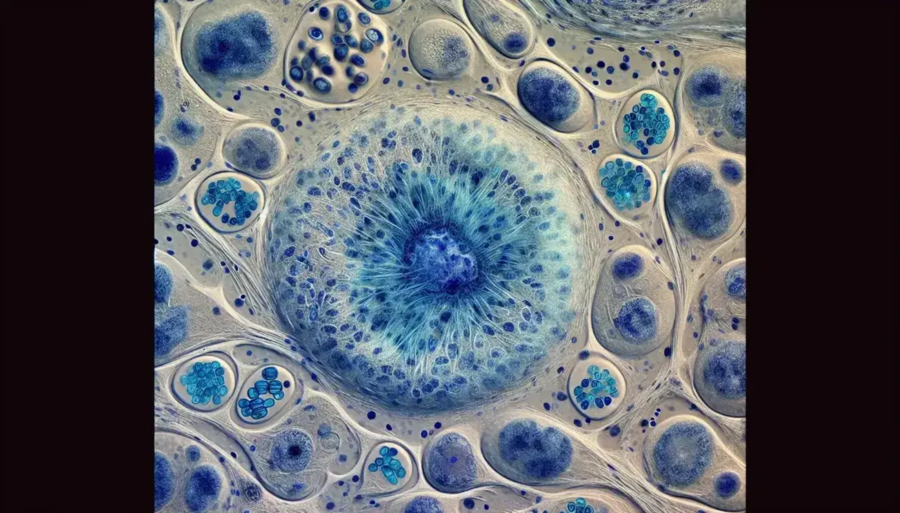Vista microscópica de células humanas en cultivo con núcleo central teñido de azul, rodeado de células en división y patrón de monocapa.