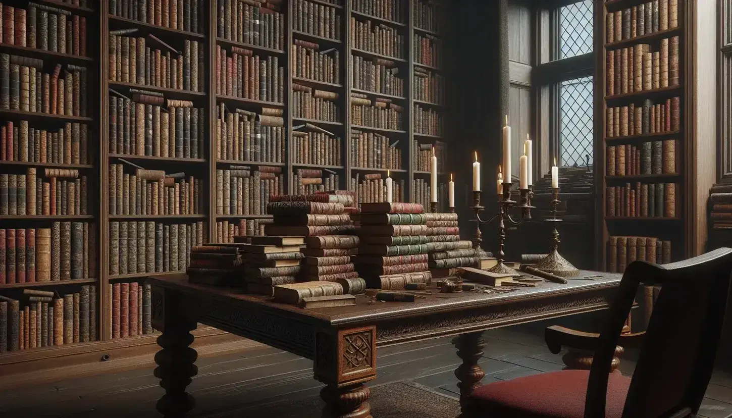 Biblioteca antigua con mesa de madera oscura y libros apilados, candelabro de bronce con velas encendidas, silla con cojín rojo y estantería repleta de libros.
