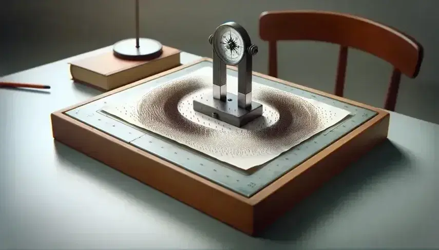 Physical experiment with iron filings showing magnetic field lines around a bar magnet suspended on a table.