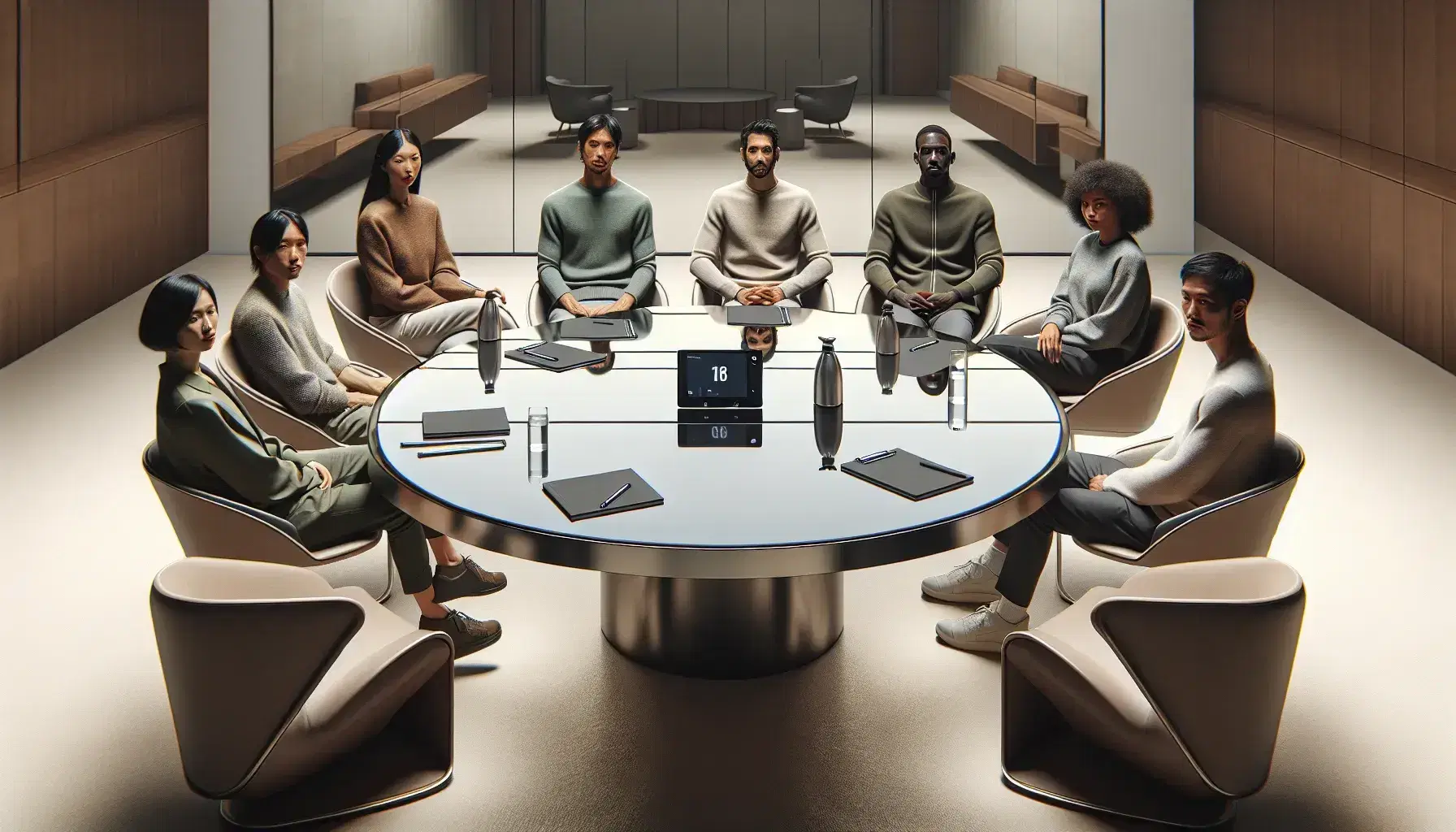 Diverse focus group participants seated around a shiny table with notepads and water bottles, under soft lighting, with a one-way mirror reflecting the scene.