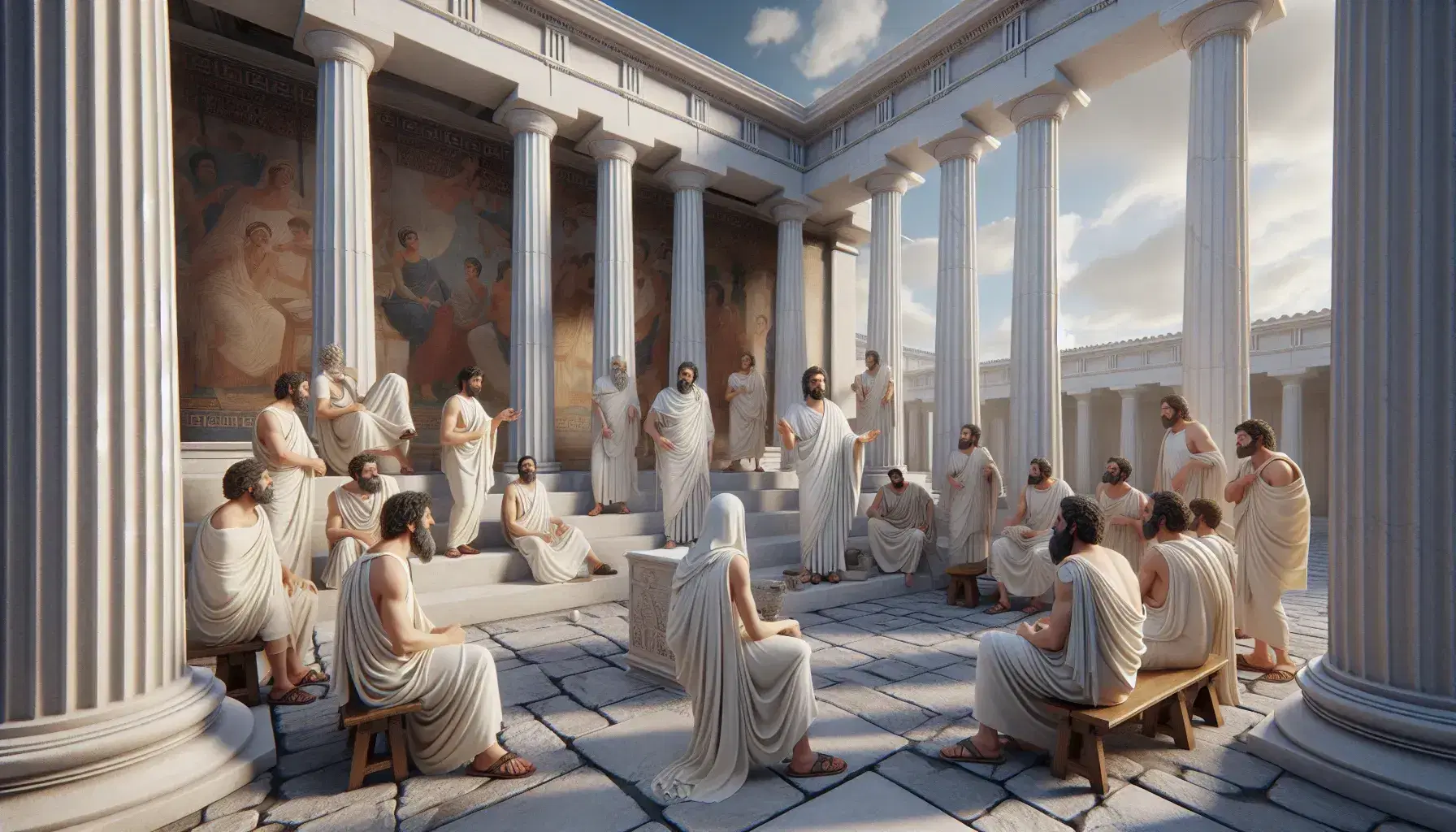 Scena di discussione vivace in un'agora greca antica con colonne marmoree, persone in toga e affreschi sullo sfondo.
