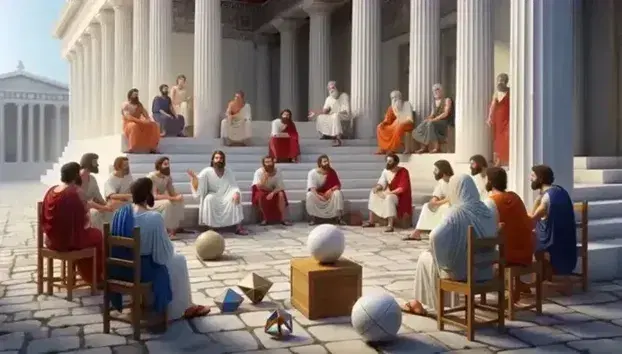 Scena di discussione filosofica nell'agora greca con persone in tuniche, colonne marmoree, oggetti geometrici su tavolo e cielo azzurro.