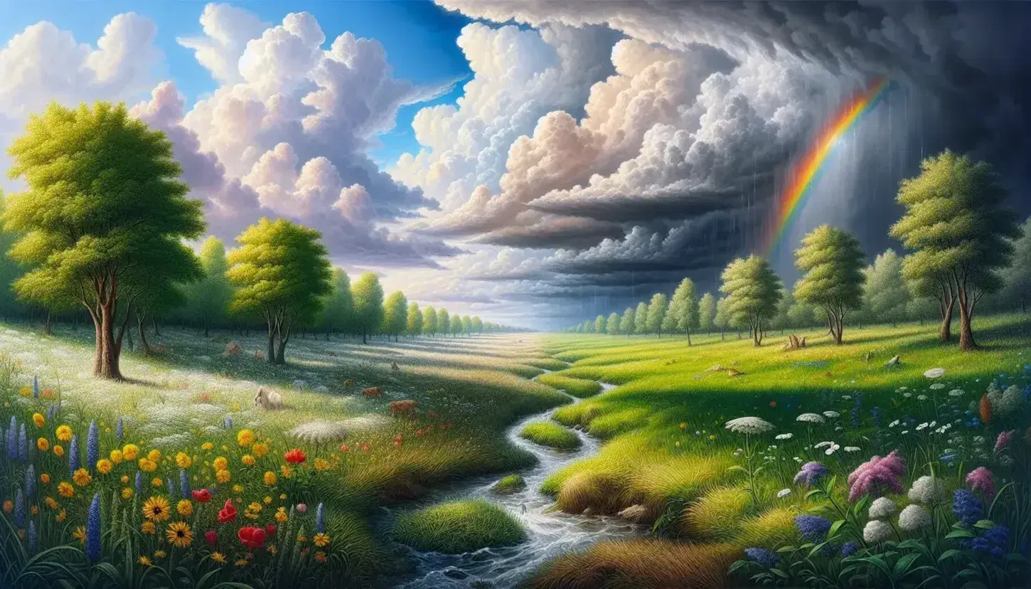 Paesaggio naturale con prato verde, fiori selvatici colorati, alberi sparsi, cielo post-temporale con arcobaleno e ruscello serpeggiante.