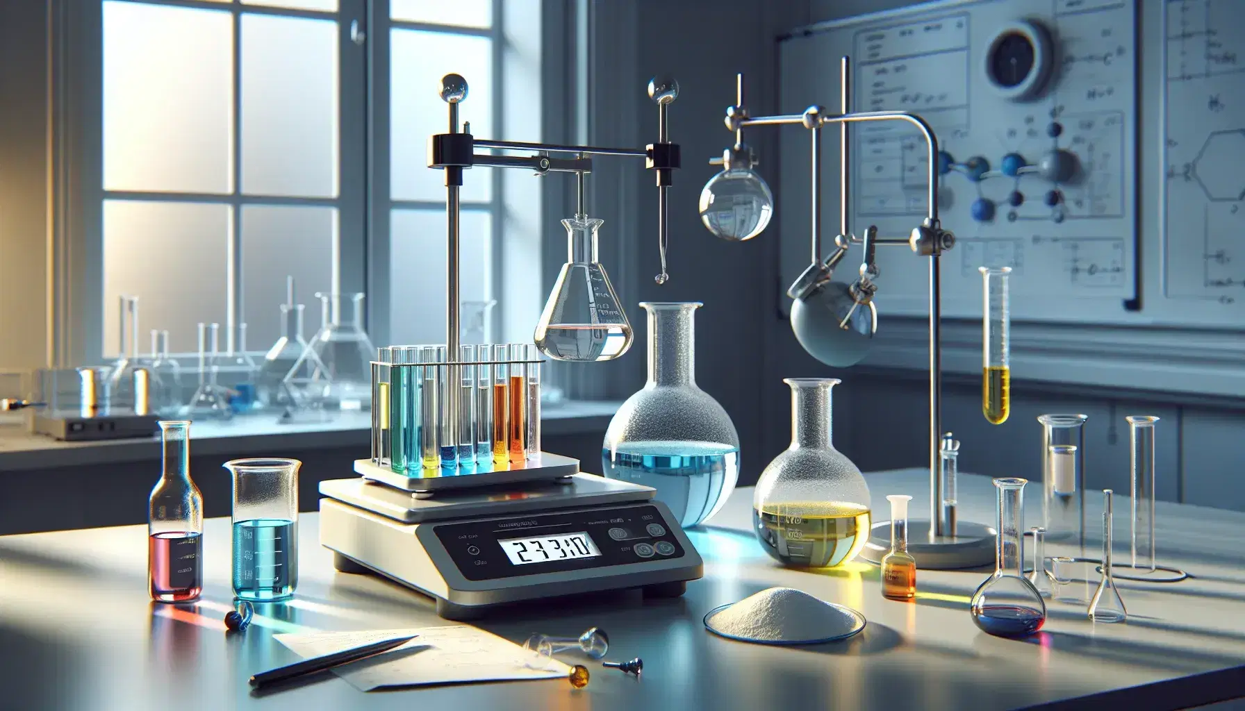 Laboratorio de química con erlenmeyers de líquidos coloridos, soporte con tubo de ensayo, matraz con condensador, balanza digital y portátil mostrando gráficos.