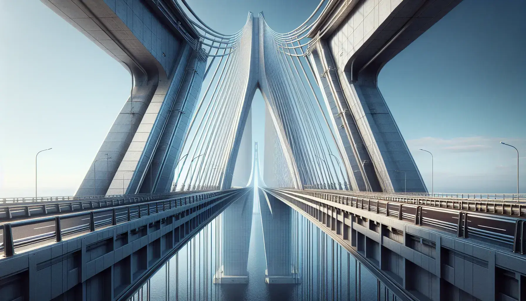 Puente colgante con cables de acero y torres metálicas en un día despejado, reflejado sobre aguas tranquilas, sin personas ni vehículos.