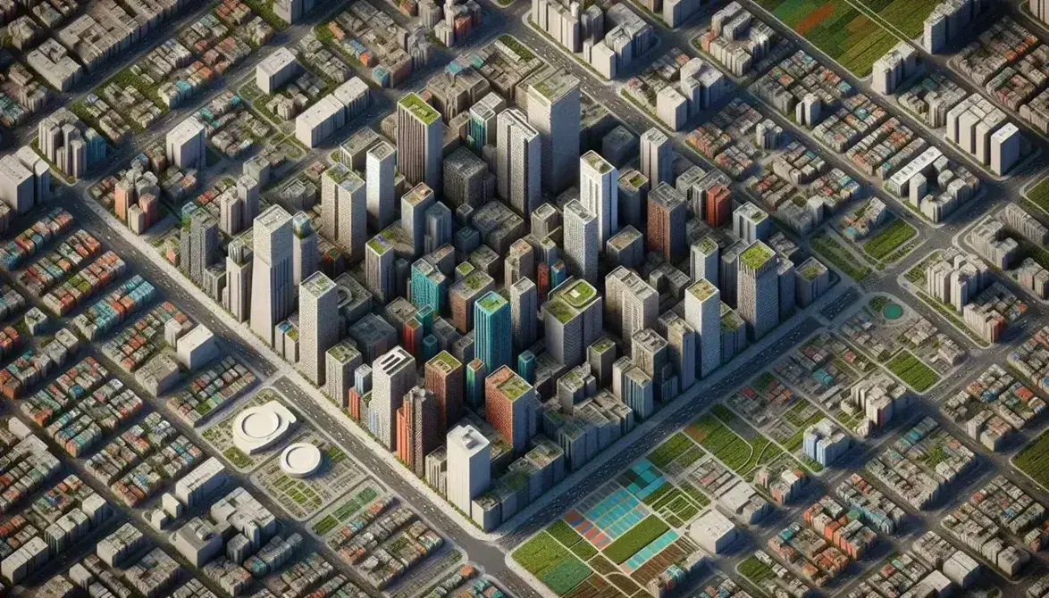 Vista aérea de ciudad densamente poblada con edificios centrales altos, calles en rejilla, vehículos, zonas verdes y campos en la periferia.