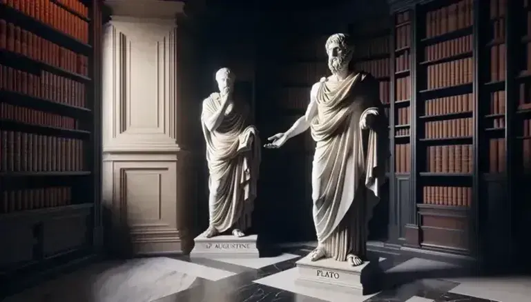 Estatua de mármol blanco de Platón con la mano derecha extendida y al fondo, desenfocado, San Agustín con un libro, en una biblioteca antigua.