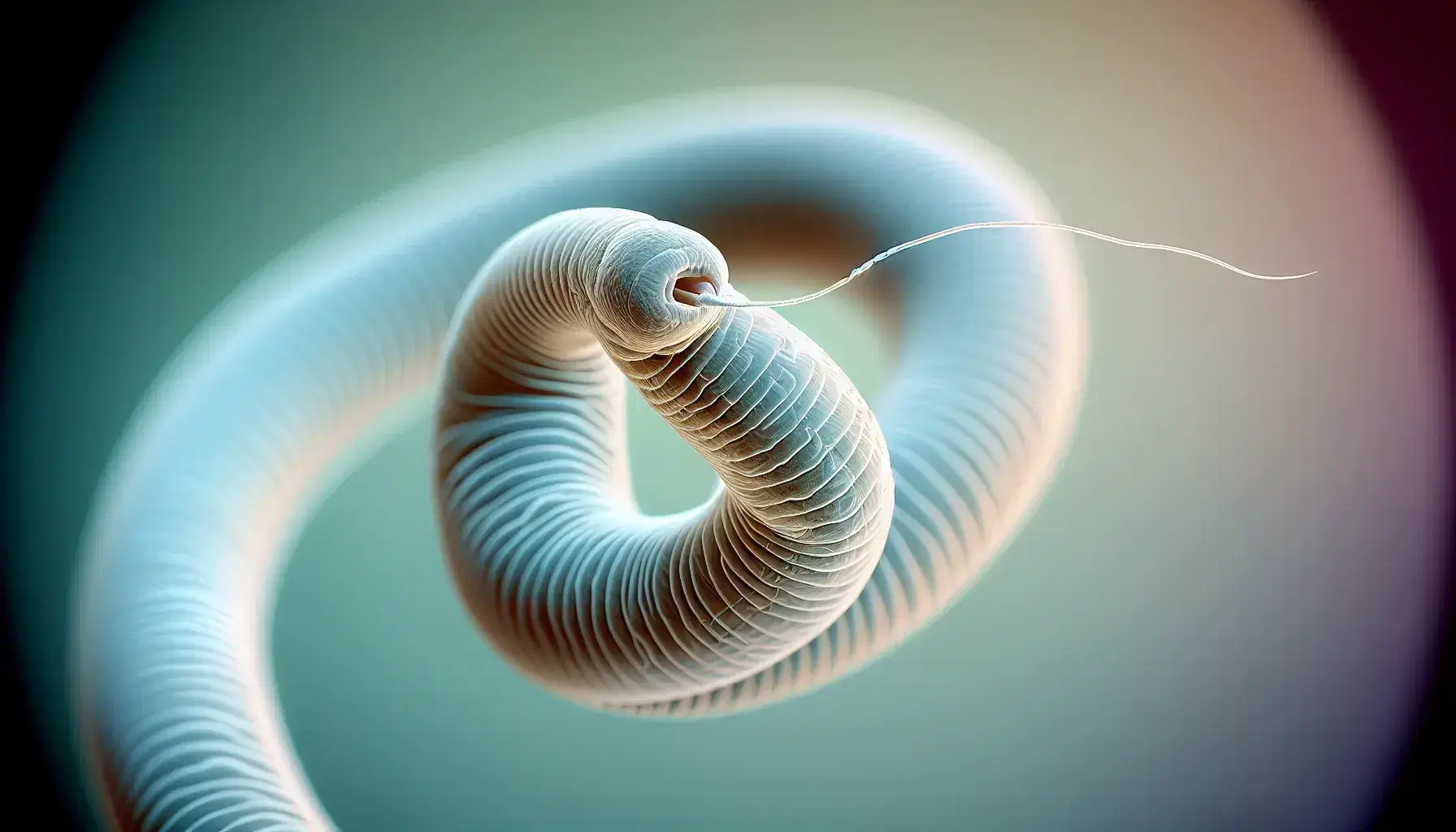 Close-up view of a transparent nematode with visible digestive tract, mouth, and sensory hairs against a blurred blue-green background.