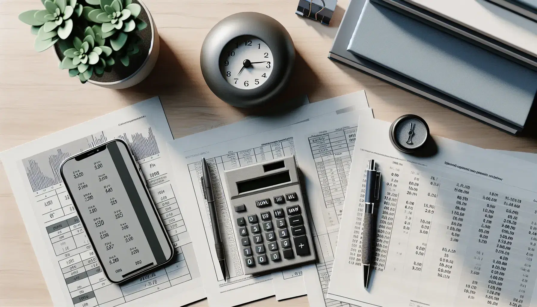 Escritorio de oficina con calculadora apagada, papeles con gráficos, bolígrafo azul, reloj analógico, smartphone y planta en maceta blanca.