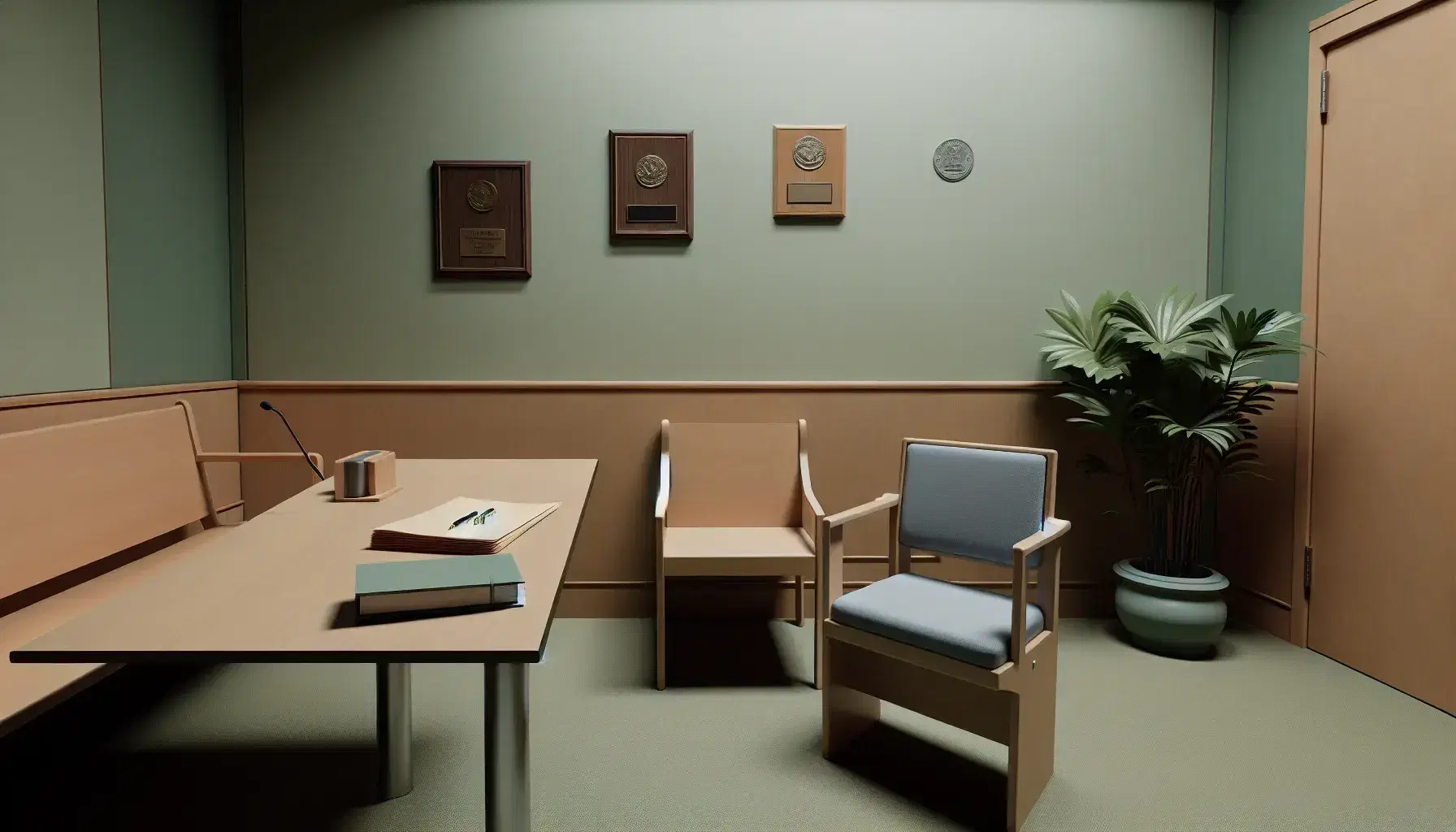 Juvenile courtroom with oak bench, chair with blue cushion, table with folder and pen, pastel green wall and potted plant.
